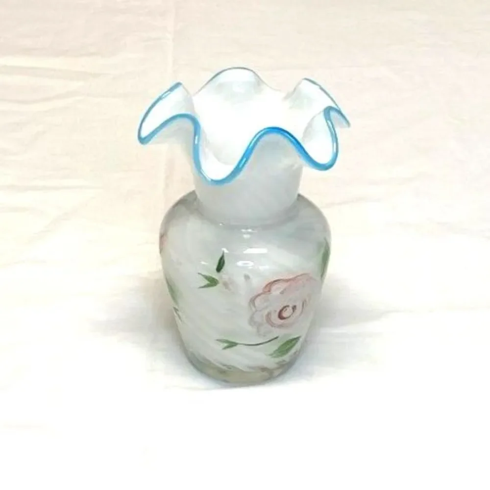 Fenton Teleflora Aqua Crest Hand Painted Cased Glass Swirl Ruffled Small Vase